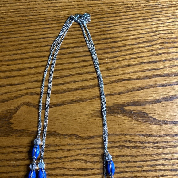 Vera Wang 18” silver necklace with blue, diamond looking gems on either side - Picture 4 of 7